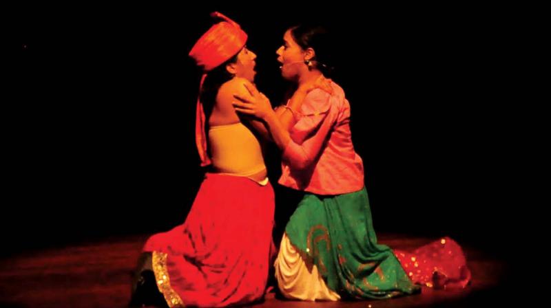 A scene from the play Dohri Zindagi (India) being staged.  (Photo: ANUP K VENU)