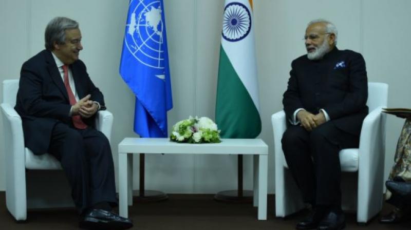 Secretary General of the UN, Mr. AntÃ³nio Guterres meets Prime Minister Narendra Modi (Photo: Twitter/ PMO India)