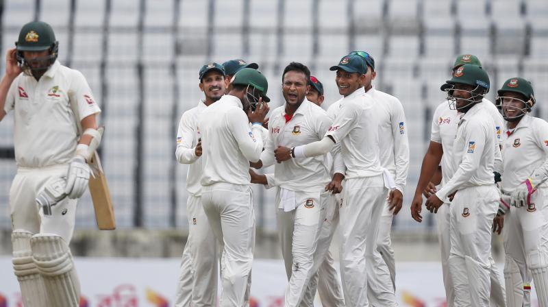 Shakib al Hasan returned figures of 5-85, following his 5-68 in the first innings, to help Bangladesh bowl out Australia for 244 runs one hour after the lunch break.(Photo: AP)