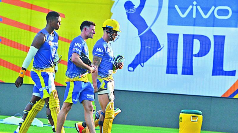 Team members of the Chennai Super KIngs at a training session on Monday.  (Photo:E.K. Sanjay)