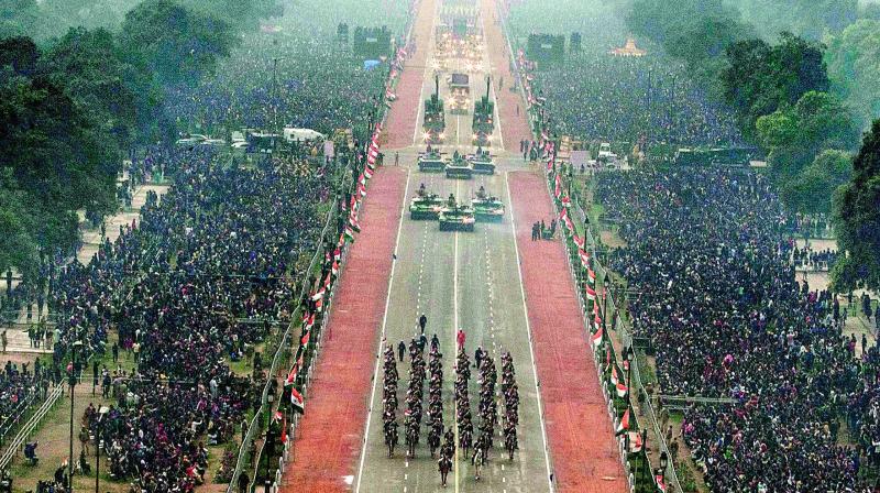 A view of 68th Republic Day celebrations in New Delhi on Thursday. Despite the dull overcast sky, many turned up to watch the parade. (Photo: PTI)
