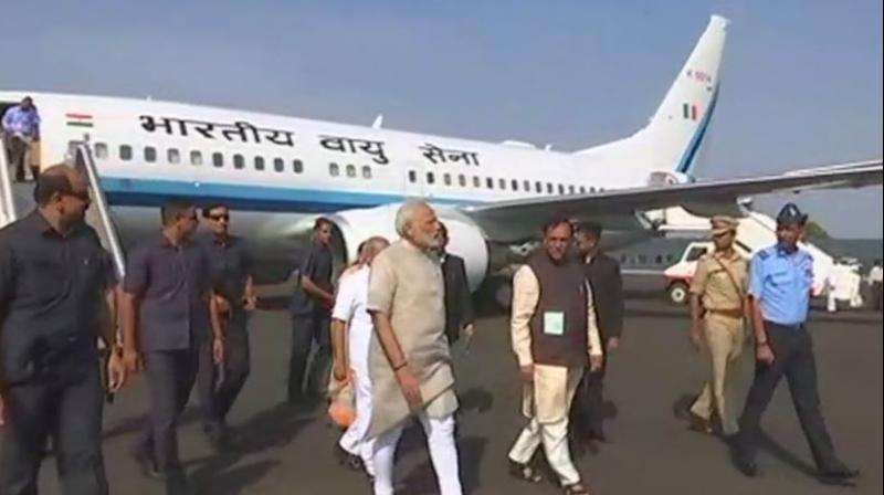 Prime Minister Narendra Modi arrives in Jamnagar for his 2-days visit to Gujarat. (Photo: ANI | Twitter)