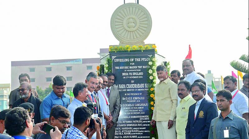 Chief Minister N. Chandrababu Naidu unveils the pylon for the first-ever test match at Dr YSR ACA-VDCA International Cricket Stadium in Visakhapatnam on Thursday.