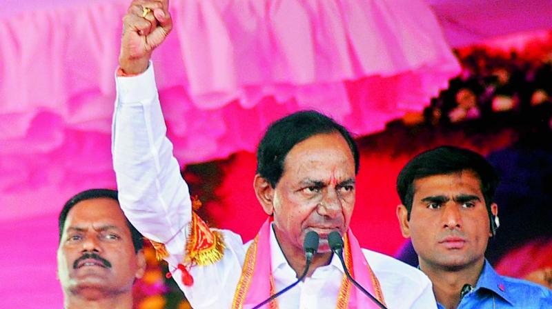 Caretaker Chief Minister K. Chandrasekhar Rao during a campaign meeting in Armoor of Nizamabad district on Thursday. 	Image: DC