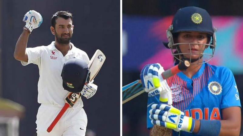 Cheteshwar Pujara has amassed 3798 runs in 48 Tests he played at an average of 51 while Harmanpreet Kaur has been the best batswoman for India in limited-overs format. (Photo: BCCI / ICC)