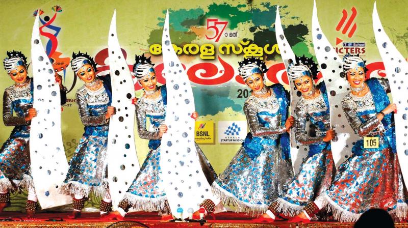 Students from Sacred Heart HSS, Angadikadavu, Kannur perform group dance in 57th State Kalolsavam in Kannur on Friday. (Photo: DC)