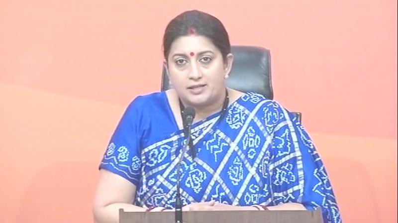 Union minister Smriti Irani said Congress was trying to prove its leaders involved in the Bofors case and Robert Vadra, Sonia Gandhis son-in-law involved in controversial land deals, innocent. (Photo: ANI/Twitter)