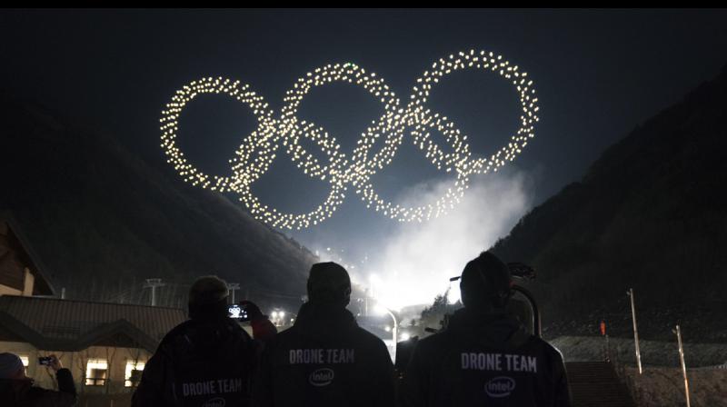 Intel Shooting Star drones form the Olympics rings as part of the Olympic Winter Games PyeongChang 2018 opening ceremony drone light show. (Credit: Intel Corporation)