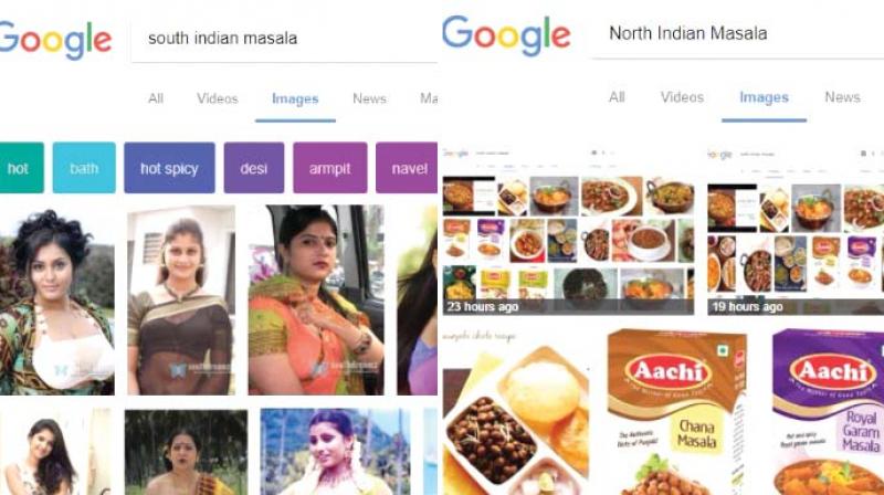 While search for South Indian Masala delivers steamy pictures of buxom women (L), the search for North Indian Masala throws up varieties of spices and north Indian dishes.