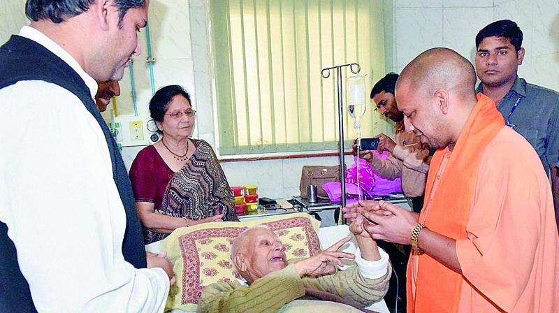UP Chief Minister Yogi Adityanath visits former CM ND Tiwari admitted at Lohia Medical Science Institute in Lucknow on Wednesday. (Photo PTI)