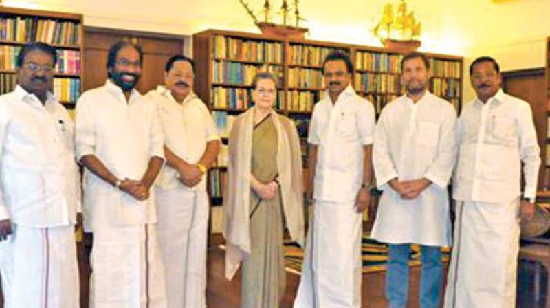 DMK working president M.K. Stalin meets Congress president Sonia Gandhi and VP Rahul Gandhi in Delhi on Friday (Photo: DC)