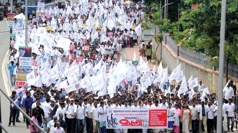 A march being taken out by United Nurses Association ahead of their Secretariat siege to protest against exploitation by private hospital managements in Thiruvananthapuram on Tuesday last. 	 DC File
