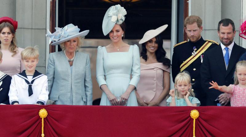 From left, Britains Princess Eugenie, Camilla Duchess of Cornwall, Kate Duchess of Cambridge, Meghan Duchess of Sussex and Prince Harry attend the annual Trooping the Colour Ceremony in London, Saturday, June 9, 2018. (Photo: AP)