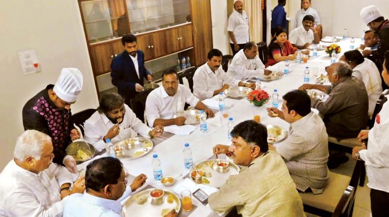 Congress ministers at a breakfast meeting hosted by Water Resources Minister D.K. Shivakumar at his residence in Bengaluru on Thursday  	 DC