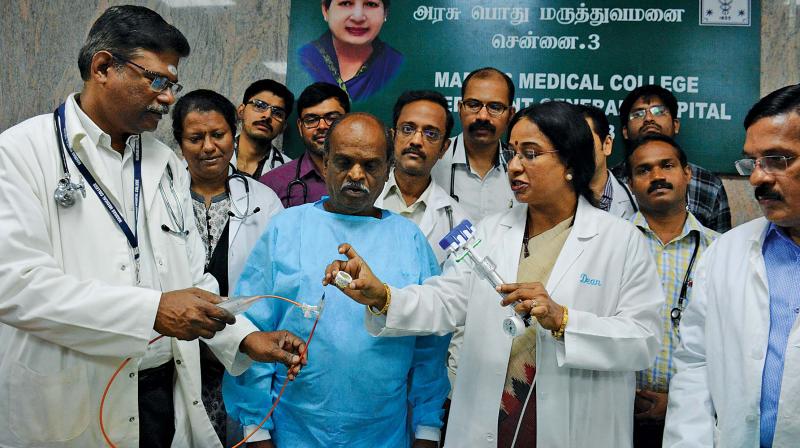 Dr R. Jayanthi, dean of Rajiv Gandhi Government General Hospital, explains about the rare TAVR surgery  performed at the hospital.(Image DC)