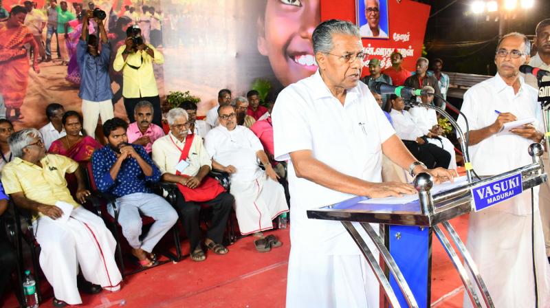 Kerala Chief Minister Pinarayi Vijayan addresses the concluding session of 2nd national conference of Dalit Shoshan Mukti Manch in Madurai on Monday. (Photo: DC)
