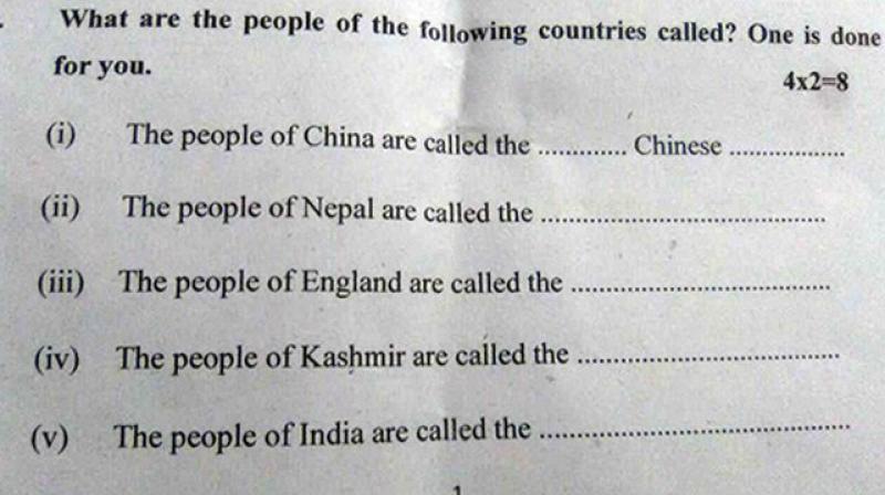 The class 7 students were asked to provide the names of the people residing in four countries, with Kashmir figuring among the list. (Photo: Twitter)