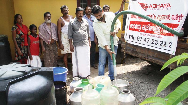 Free drinking water distribute by Abhya Ambulance Service\ residence of Manipuzha at Nattakam in Kottayam on Wednesday.