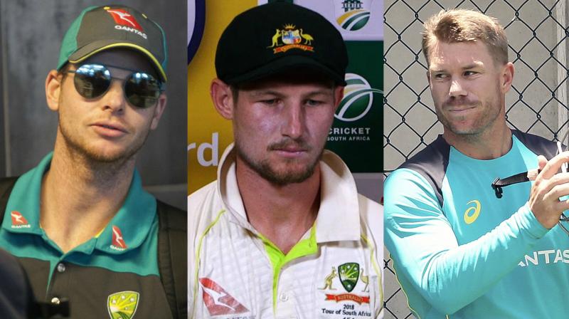 All three Australian players  Steve Smith, David Warner and Cameron Bancroft  could be facing lengthy bans and have been sent home from the tour of South Africa for their role in a cheating plot and face \significant sanctions\ in the next 24 hours. (Photo: AP / AFP)