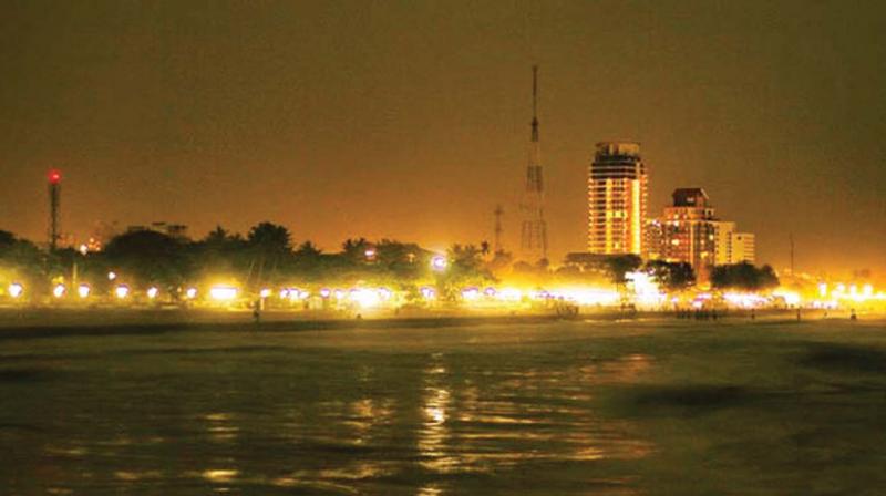 A night view of the Kozhikode beach.