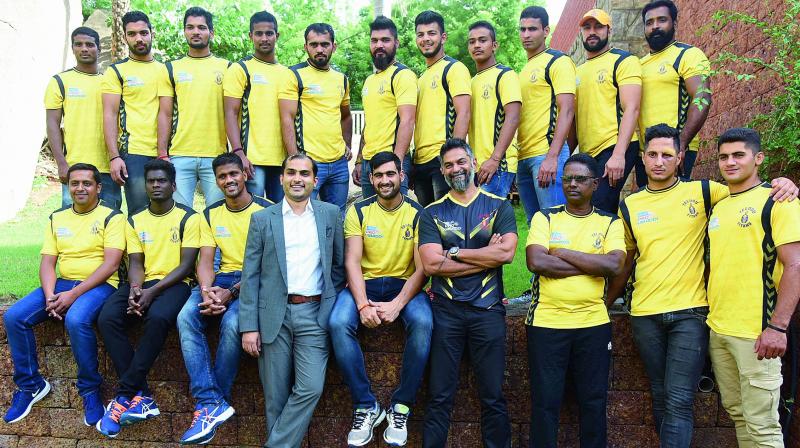 Members of the Telugu Titans team pose in Hyderabad on Tuesday (Photo: R. Pavan)