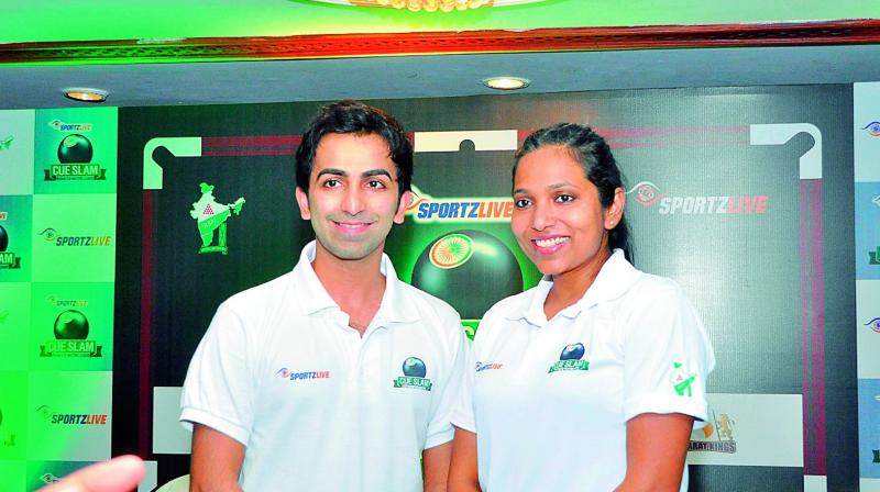 Pankaj Advani and Vidya Pillai pose at the launch of the Cue Slam at a hotel in Hyderabad on Tuesday.