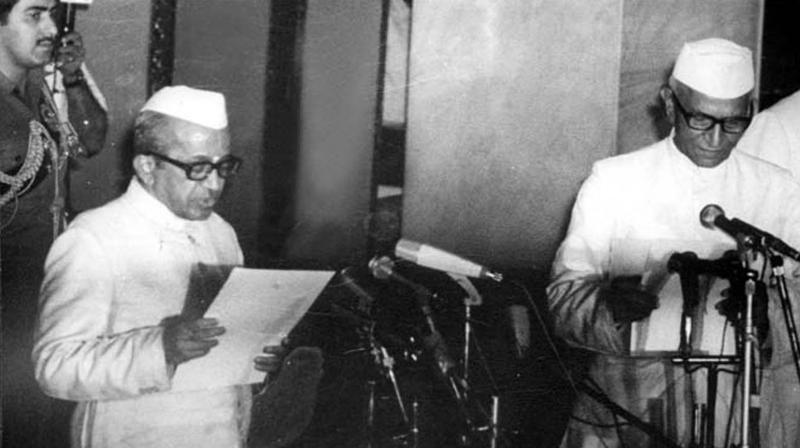 Acting President B.D. Jetty swears in Morarji Desai, leader of the Janata Party parliamentary party as Prime Minister to head the first non-Congress Union ministry on March 24, 1977. Mr Desai resigned on July 15, 1979 due to internal bickering in his party.