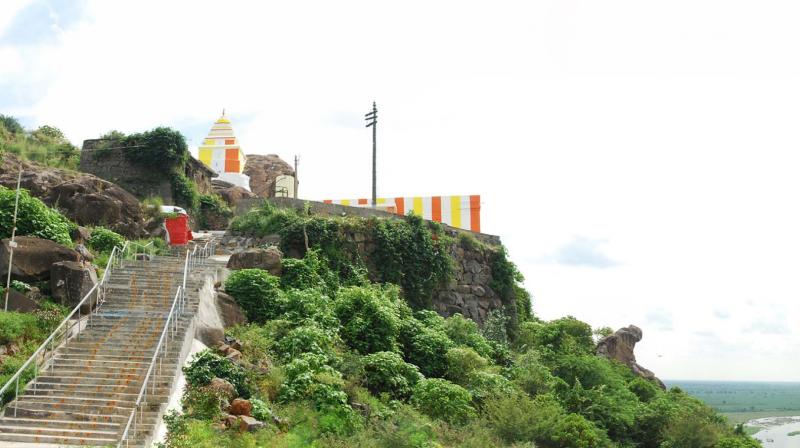 The ancient Venkateswara temple on the Krounchagiri hilltop on the banks of Krishna river at Vykunthapuram. (Photo: DC)