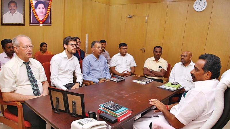 State transport minister M.R. Vijabhaskar holding a meet with UK-based C-40 teams to operate electric buses in Chennai on Friday.  (Image: DC)