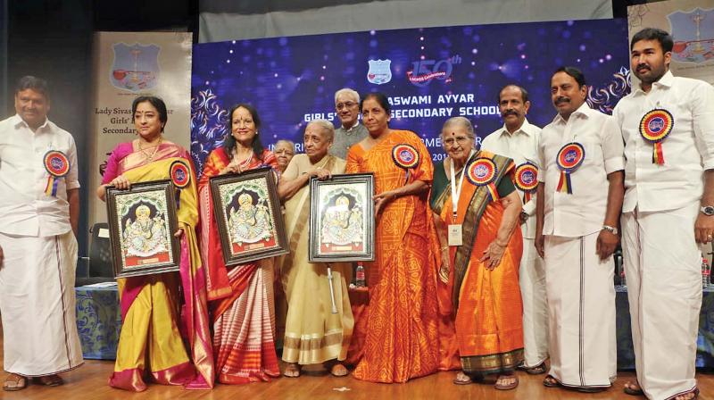 Union Minister Nirmala Sitharaman honoured three distinguished alumni  Dr  V Shanta, Vani Jairam and Lakshmi during the 150th year celebrations of Lady Sivaswami Ayyar Girls Higher Secondary school at Mylapore on Friday. School education Minister K A Sengottaiyan and Minister for Industries M C Sampath were also present. 	(Image: DC)