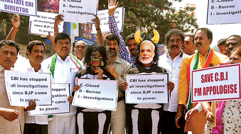 Youth Congress workers stage a protest in front of the CBI office in Bengaluru  on Friday  (Photo: KPN)