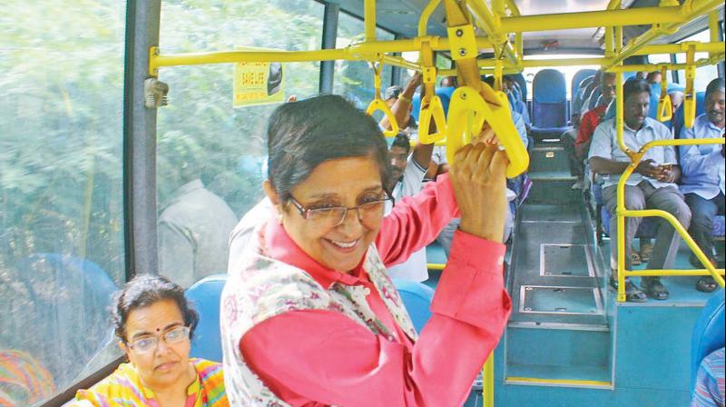 Puducherry Lt Governor Kiran Bedi travels in a bus to a farm project (Photo: DC)