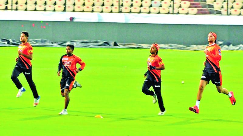 Sunrisers Hyderabad players during a training session on Sunday ahead of their opening match against Rajasthan Royals. (Photo:P. Surendra)