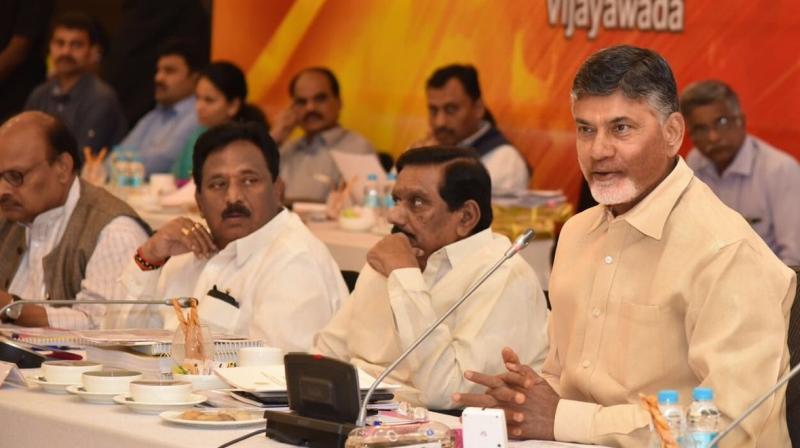 Andhra Pradesh Chief Minister N Chandrababu Naidu addressing a workshop of Telugu Desam MPs in Vijayawada. (Photo: Twitter)