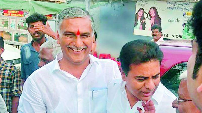 Caretaker ministers and cousins  K.T. Rama Rao (right) and T. Harish Rao (left)  were having ligher moments at Gurragondi village in Siddipet constituency. After casting his vote at Banjara Hills, Mr Rama Rao met his cousin at Gurragondi while he was on his way to his constituency Siricilla. 	 (R. PAVAN)