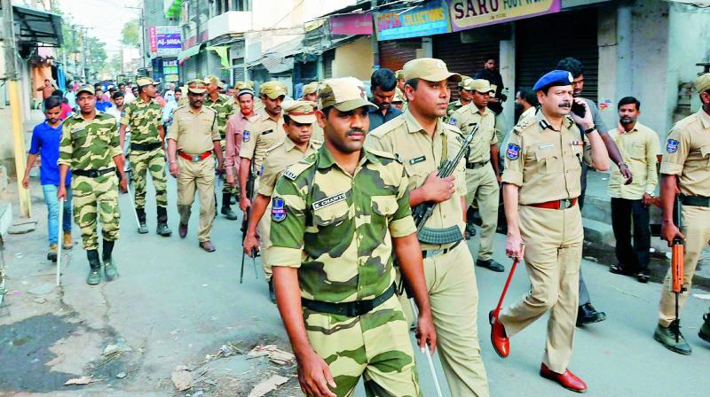 Paramilitary forces and state police were deployed in huge numbers to guard the polling station at Yakutpura in Old City on Friday.  (DC)