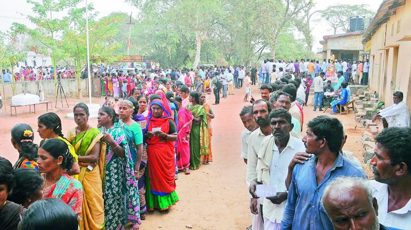 Voters thronged Pothangal polling station in Navipet mandal in Nizamabad district on Friday.   (DC)