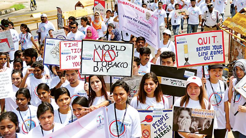 Volunteers participated in the World No Tobacco Day rally from Anand Rao Circle to  Freedom Park, in Bengaluru on Thursday.  (Photo:DC)