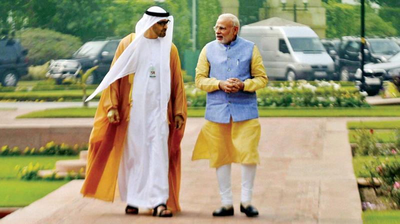 Prime Minister Narendra Modi with the Crown Prince of Abu Dhabi Sheikh Mohammed bin Zayed al Nahyan at Hyderabad House in New Delhi on Wednesday. (Photo: PTI)