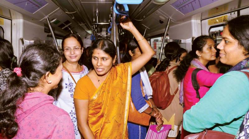 Bengaluru Mayor Gangambike Mallikarjun takes a Metro train and interacts with commuters on Thursday	 (Image DC)