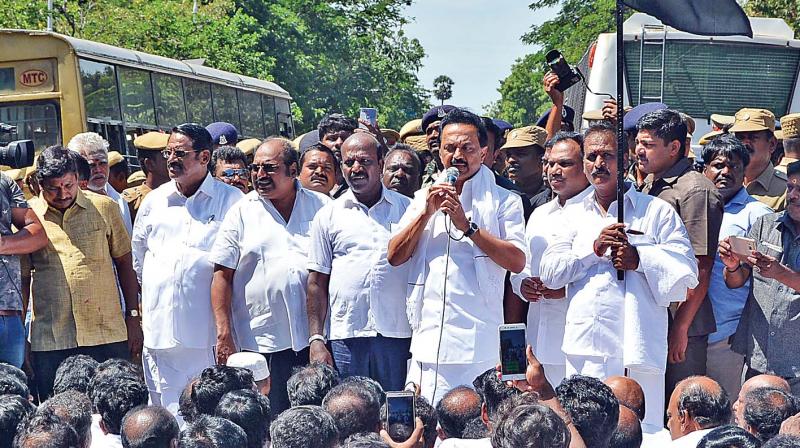 DMK working president M. K. Stalin addresses his party workers, before being arrested on Saturday for attempting to lay siege to Raj Bhavan demanding the immediate release of 192 party workers, arrested at Namakkal on Friday.  (Photo:DC)