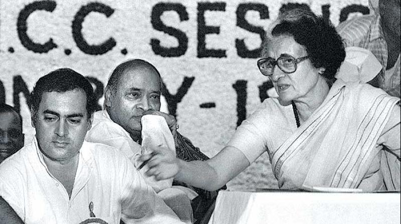 A file photo of Indira Gandhi, Rajiv Gandhi and P.V. Narasimha Rao at an AICC session. (Photo:AFP)