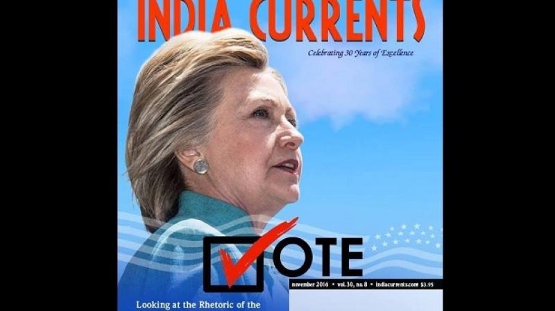 Cover of the November issue of India Currents endorsing Hillary Clinton. (Photo: Facebook)