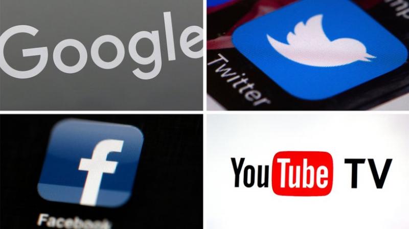 This photo combo of images shows, clockwise, from upper left: a Google sign, the Twitter app, YouTube TV logo and the Facebook app. YouTube, Google and Twitter also have giant platforms awash in more videos, posts and pages than any set of human eyes could ever check. Their methods of serving ads against this sea of content may come under the microscope next. (Photo: AP)
