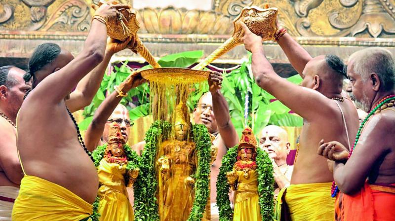Pavitrotsavam for the idols of lord Venkateswara is being performed in Tirumala on Thursday. (Photo: DC)