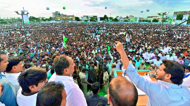 YSRC chief Jagan Mohan Reddy addresses a public rally at SPG Grounds in Kurnool on Thursday. (Photo: DC)