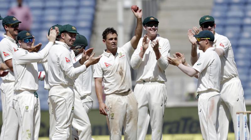 Left-arm spinner Steve OKeefe spun the visitors to a 1-0 lead in the four-Test series by claiming 12 wickets for 70, the best ever match figures by a visiting spinner in India, as Australia won the Pune Test by 333 runs. (Photo: AP)