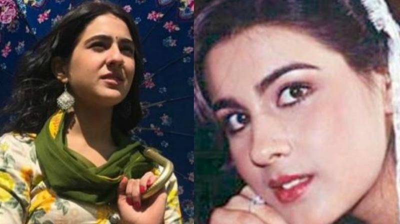 After Saras look from Kedarnath (left) was released, people online have commented that she looks exactly like her mother Amrita Singh.