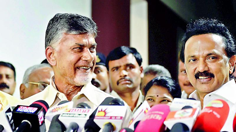 Andhra Pradesh Chief Minister N. Chandrababu Naidu addresses the media with DMK president M.K. Stalin at latters residence in Chennai, on Friday.  (PTI)