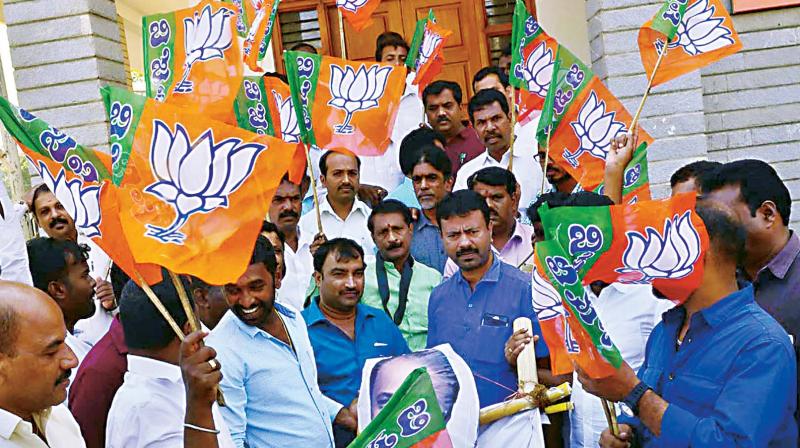 BJP leaders and workers protest against the celebration of Tipu Jayanti in Chikkamagaluru on Friday.